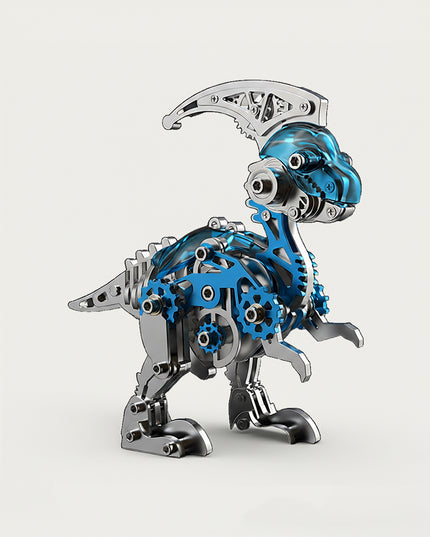 Mechanical Parasaurolophus 3D puzzle Metal Kit - A charming fun toy for dinosaur and mechanics lovers, this DIY assembled table funny piece features an intricate, mechanical Parasaurolophus design. It invites you to craft a piece of whimsy part by part. Beyond being a dynamic desktop ornament with striking blue and metallic details, it serves as an educational tool for kids to learn about dinosaur anatomy and mechanical structures during assembly. It’s also a stylish decor for home offices