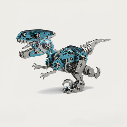 Blue Mechanical T-Rex 3D puzzle Metal Kits - DIY assembled funny table metal model, a roaring, stomping, clawing, and gearing dinosaur design with translucent blue accents, inviting you to assemble, explore, and display for an engaging desktop experience