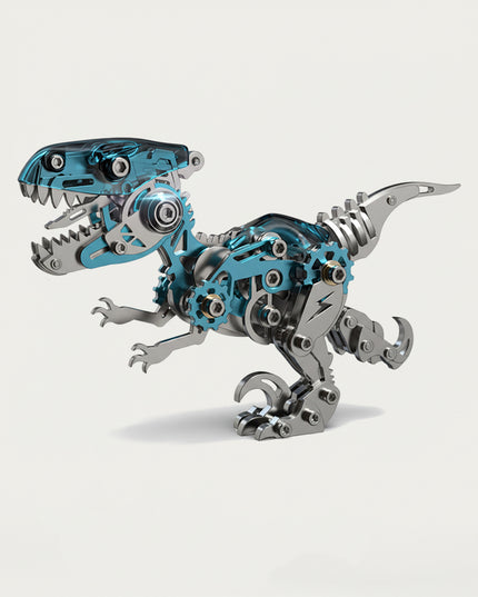 Blue Mechanical T-Rex 3D puzzle Metal Kits - DIY assembled funny table metal model, a roaring, stomping, clawing, and gearing dinosaur design with translucent blue accents, inviting you to assemble, explore, and display for an engaging desktop experience