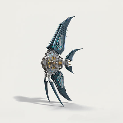Mechanical Angelfish 3D puzzle Metal Kit - A sophisticated fun toy for marine life and mechanics lovers, this DIY assembled table funny piece features an intricate, mechanical fish design. It invites you to craft a piece of artistry part by part, and the finished mechanical angelfish, with its striking dark blue and metallic details, becomes a dynamic desktop ornament, making it a captivating fun toy full of mechanical elegance.
