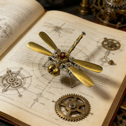 A beautifully crafted brass dragonfly metal model, with golden wings and intricate gears, displayed on an open vintage book featuring engineering schematics. This 3d puzzle metal model embodies both art and mechanical ingenuity, perfect for a funny table display.