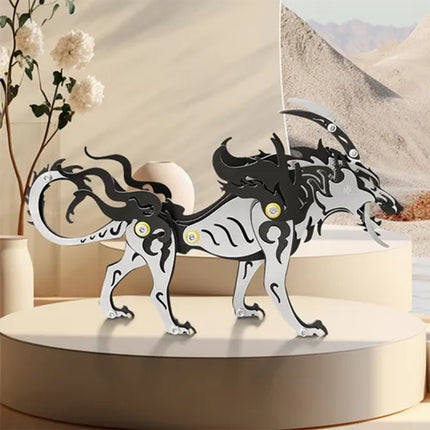 Elegant metal model of a stylized wolf king 3D puzzle, showcased on a display pedestal with a modern desert-like background, a sophisticated mechanical steampunk metal kit and unique steampunk puzzle piece.