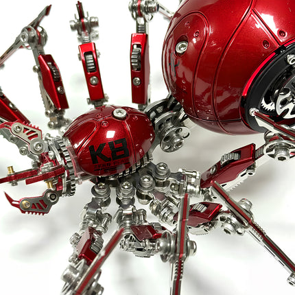  Close-up of a detailed red steampunk spider mech, showcasing the intricate mechanical steampunk design and high-quality metal kit construction of this 3D puzzle.