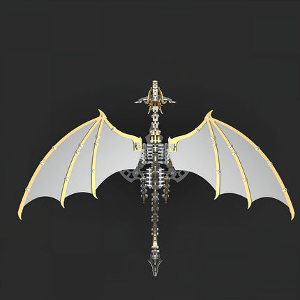 Top-down view of a stunning metal model dragon with spread wings, highlighting its intricate mechanical steampunk skeletal structure. This 3D puzzle metal kit offers a unique steampunk puzzle building experience.