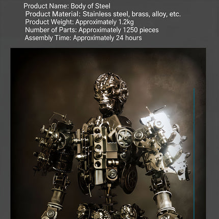  Front view of a "Body of Steel" steampunk mech, a DIY metal model featuring a mechanical skull and exposed gears. This 3D puzzle metal kit offers a unique steampunk puzzle experience.