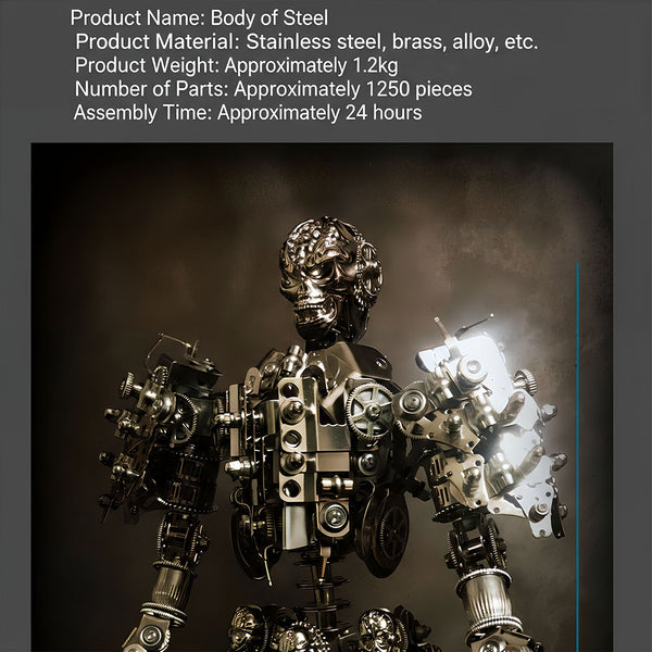  Front view of a "Body of Steel" steampunk mech, a DIY metal model featuring a mechanical skull and exposed gears. This 3D puzzle metal kit offers a unique steampunk puzzle experience.