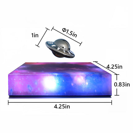 Detailed dimensions of the magnetic levitation UFO model: 1.5in diameter, 1in high, with a 4.25in x 4.25in x 0.83in base