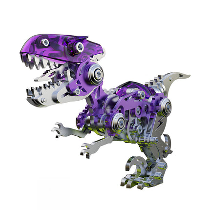  Purple and silver mechanical steampunk dinosaur metal model, a dynamic 3D puzzle featuring intricate gears and a fierce pose. A captivating steampunk puzzle metal kit for enthusiasts.