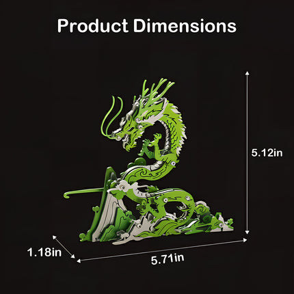 Green and white steampunk dragon metal model 3D puzzle with product dimensions 5.71in x 5.12in x 1.18in, an impressive mechanical steampunk puzzle and decorative Metal Kits for collectors.