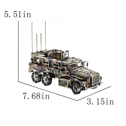 A product size chart showing the completed dimensions of the camo 6x6 tactical armored vehicle metal puzzle, indicating a length of 7.68 inches, width of 3.15 inches, and height of 5.51 inches on a white background.