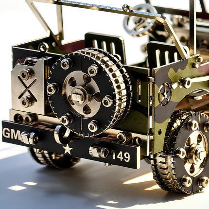 A close-up rear view of the camo jeep metal puzzle, showcasing the mounted spare gear tire, tactical fuel jerry can, and black rear bumper with white military star and "GM-149" numbering.
