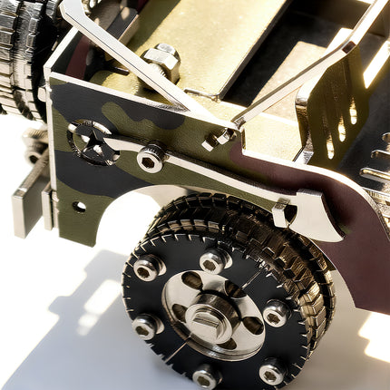 Extreme macro close-up of a camo jeep metal puzzle, showcasing a miniature silver tactical axe mounted on the camouflage side panel with a rugged gear wheel on a white background.