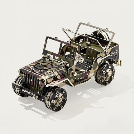 A close-up left front 3/4 view of the fully completed camo willys jeep 3d puzzle on a white surface, displaying the detailed military camouflage print, vintage front bumper, and open cabin structure with realistic shadows.