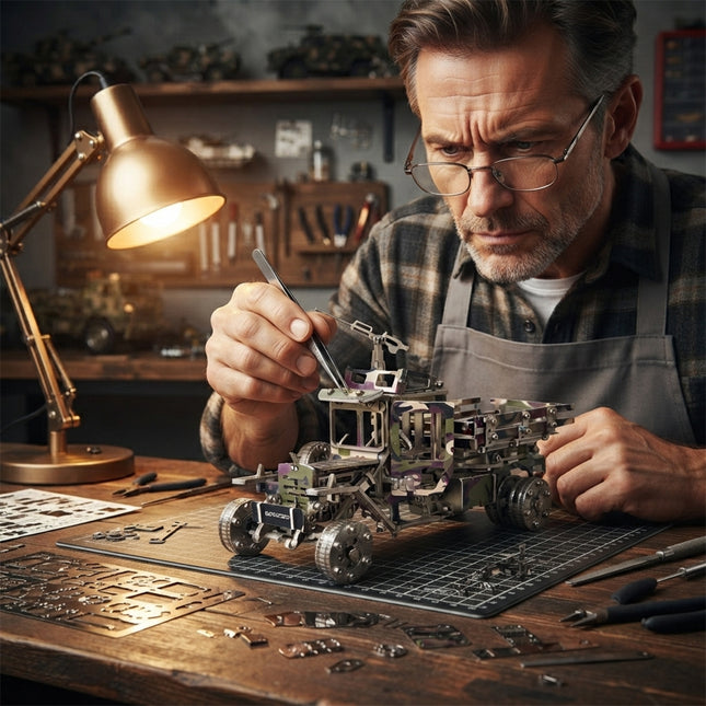 Intricate camouflage DIY metallic military truck model puzzle being constructed with professional tools under a desk lamp.