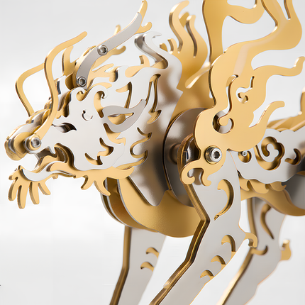 Close-up of the intricate gold and silver metal pieces and joints on the Candle Dragon mechanical steampunk 3D puzzle kit.