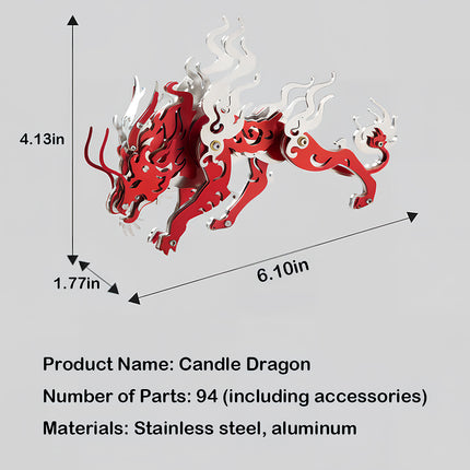 Product specifications diagram of the Candle Dragon steam punk mech 3D puzzle metal kit, showing dimensions, 94 parts, and stainless steel material.