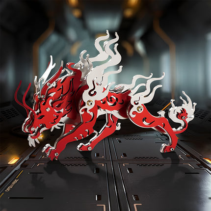 An assembled red and silver Candle Dragon steam punk mech metal model standing on a futuristic sci-fi metallic floor.