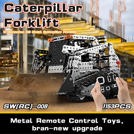 A 1153 pcs Caterpillar Forklift 10 channels RC metal model featuring a brand-new upgrade, built from 3D puzzle Metal Kits as an awesome steampunk puzzle steam punk mech.