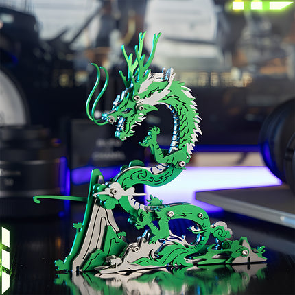 Assembled green and white steampunk dragon metal model 3D puzzle, majestically displayed on a desk with ambient lighting, a unique mechanical steampunk desktop decor or challenging Metal Kits for enthusiasts.