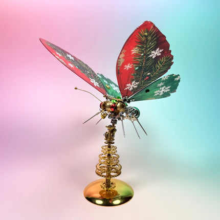 Front view of a Christmas mechanical steampunk butterfly on a tiered gear stand, a unique metal model for festive desktop decoration.