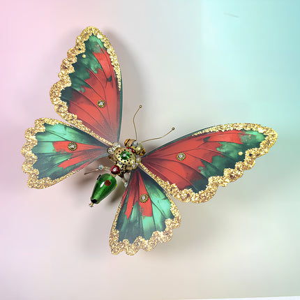 Festive steam punk mech butterfly figurine with gold ruffled edges, a unique metal model art piece from tablefunny.