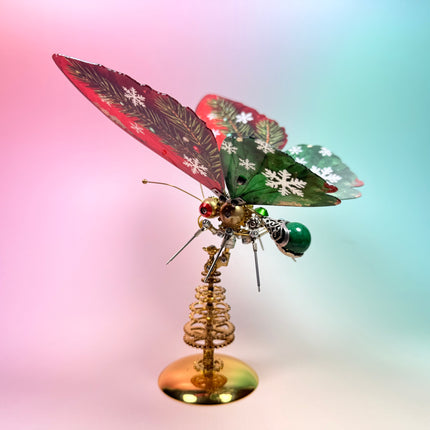 Festive mechanical steampunk Christmas butterfly on a tiered gear tree stand, a high-quality metal model for holiday desktop display.
