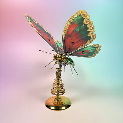 Intricate steam punk mech butterfly figurine with golden embossed wings, a unique metal model collectible from tablefunny.