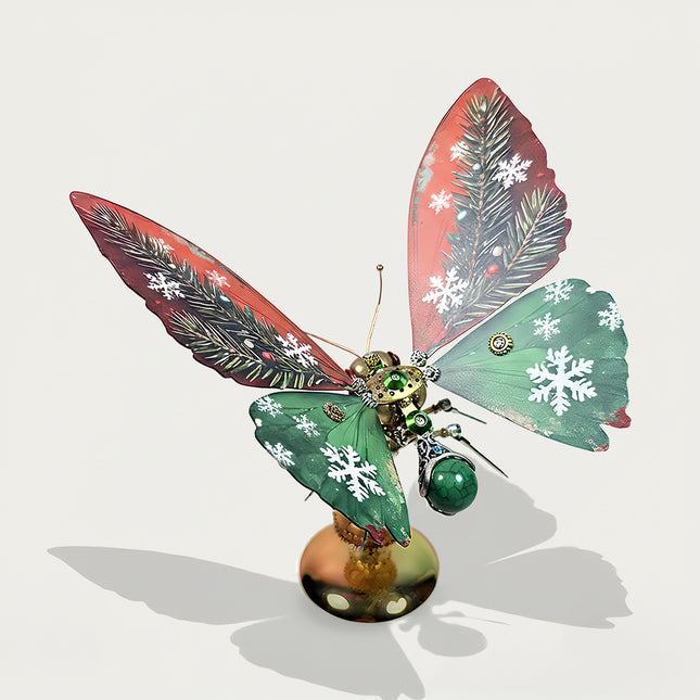 Festive mechanical steampunk butterfly metal model on white background, featuring Christmas snowflake and pine patterns.