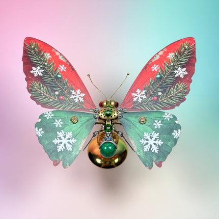 Symmetrical steam punk mech butterfly with festive red and green wings, a completed 3D puzzle Metal Kit with intricate gear details.