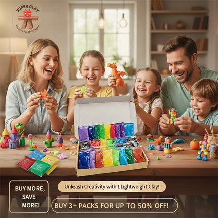 Happy family creating with Super Clay modeling clay - colorful lightweight clay for all ages，buy 3+ packs and save up to 50% on lightweight modeling clay