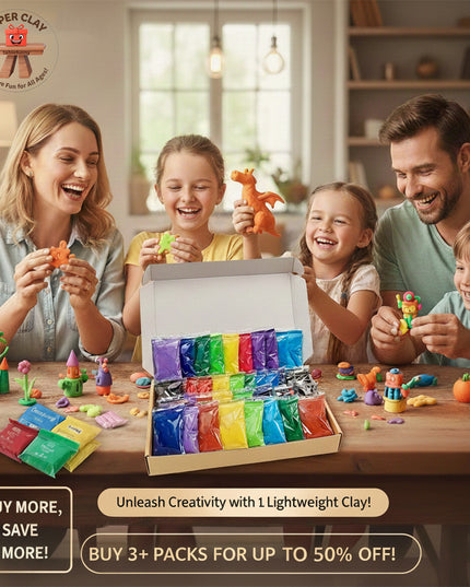 Happy family creating with Super Clay modeling clay - colorful lightweight clay for all ages，buy 3+ packs and save up to 50% on lightweight modeling clay