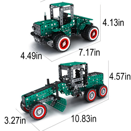 A product dimensions infographic comparing a classic green tractor metal model and a mechanical motor grader model, displaying specific height, length, and width measurements in inches.