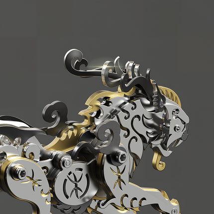 A close-up view from a rear angle showcasing the black, gold, and silver armor plating of the Bi'an steampunk mechanical toy, perfect for cyberpunk decor, from tablefunny.com.