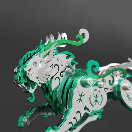A close-up detailed view of the green and silver mechanical Bi'an animal puzzle model, showcasing the intricate metallic structure of the mythical Chinese dragon son, from tablefunny.com.