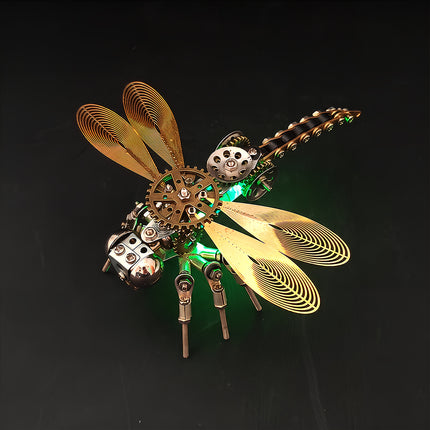 A collectible steampunk puzzle dragonfly featuring a vibrant glowing effect in the dark. Built using precision 3D puzzle Metal Kits, this mechanical steampunk model offers hobbyists an amazing metal model / steam punk mech experience with incredible aesthetic appeal.