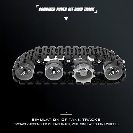 A combined power off-road track and simulated tank wheels metal model, built from 3D puzzle Metal Kits as an awesome steampunk puzzle steam punk mech accessory.