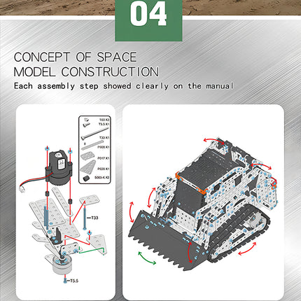 Concept of space model construction showing assembly steps for a metal skid-steer loader model, built from 3D puzzle Metal Kits as an awesome steampunk puzzle steam punk mech.