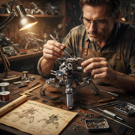 A skilled craftsman assembling a complex arachnid-style steam punk mech on a wooden workbench, featuring a professional mechanical steampunk 3D puzzle Metal Kit.