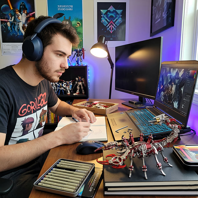 Creative hobbyist workspace featuring a tactical steampunk puzzle scorpion, a premium metal model project from TableFunny for collectors.