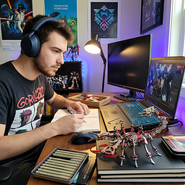 Creative hobbyist workspace featuring a tactical steampunk puzzle scorpion, a premium metal model project from TableFunny for collectors.