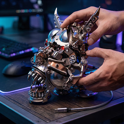 Hands adjusting the intricate gear mechanisms of a mechanical 3D puzzle, showcasing the professional quality of Tablefunny metal kits and DIY metal model design.