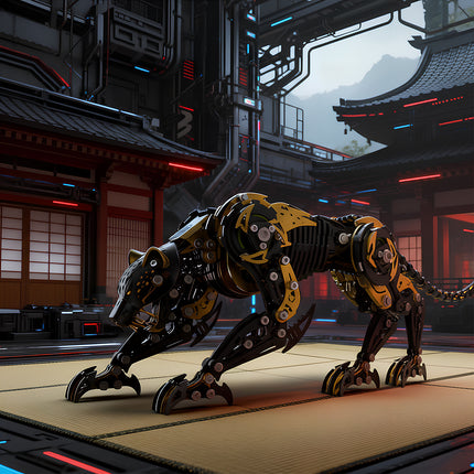 A black and gold metal model panther in a futuristic Japanese cyberpunk setting, a unique 3D puzzle and funny table decor crafted from high-quality metal kits.