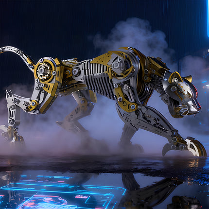 A cinematic cyberpunk scene of a mechanical leopard metal model with neon lights and smoke, a premium 3D puzzle and DIY metal kit by Funny Table.