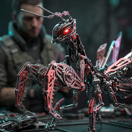 A formidable cyberpunk praying mantis mech, a detailed metal model and a challenging 3D puzzle, with glowing red eyes and intricate mechanical steampunk limbs, displayed on a dark surface with a blurred figure in the background, highlighting its sci-fi aesthetic as a metal kit.