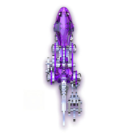  Top-down view of a vibrant purple mechanical steampunk dinosaur metal model, showcasing its sleek design. A unique 3D puzzle metal kit for a distinctive steampunk puzzle collection.