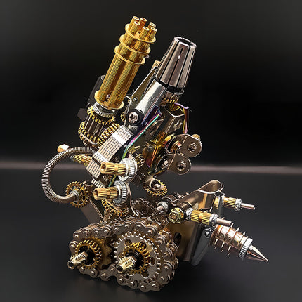  Upward angled view of a detailed mechanical steampunk weapon metal model, showcasing its golden gatling barrels, gears, and tank-like track base. This steam punk mech is a remarkable example of metal kits.