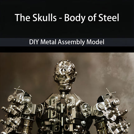 The Skulls - Body of Steel" DIY metal assembly model, showcasing a detailed mechanical steampunk skull and torso made from a high-quality metal kit. Perfect for a challenging 3D puzzle experience.