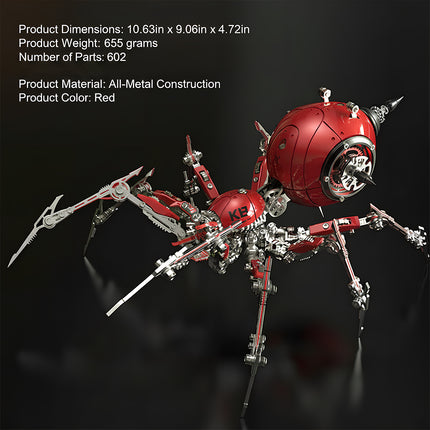 This is a red all-metal mechanical spider 3D puzzle, measuring 10.63in×9.06in×4.72in, weighing 655g, with 602 parts. It features a bold red-silver color scheme, intricate mechanical joints, and marked details (like "KB" on the body).Highlighted by striking visual design and complex craftsmanship, it’s a eye-catching collectible blending puzzle art and futuristic mechanical arachnid styling.