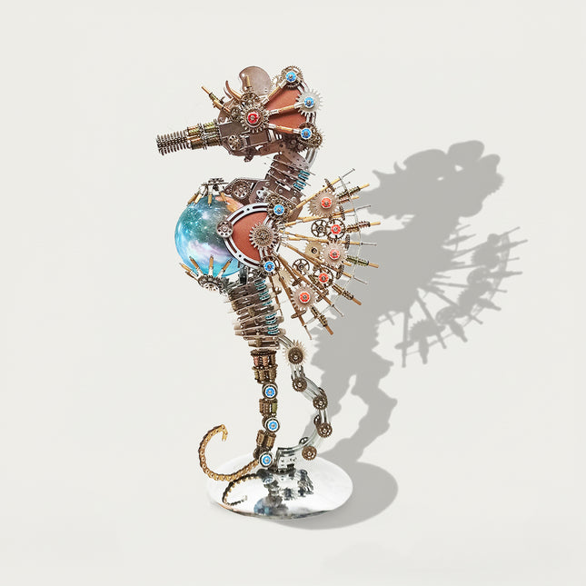 Steampunk "Seahorse" mecha model: Warm brass-toned gear clusters (intricately interlocked), a swirling cosmic-themed crystal orb (shimmering with celestial hues), vibrant red & blue accent gears, & flexibly articulated segmented limbs—this exquisitely assembled 3D puzzle metal kit blends vintage industrial charm with whimsical cosmic design, making it a spellbinding decorative centerpiece.