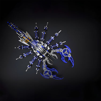 Blue & Silver Scorpion DIY 3D Puzzle Metal Model - Fully assembled mechanical kit with segmented legs, gear-driven pincers, and golden accent details. This 3D puzzle features interlocking metal components that build into a poseable desk ornament, ideal for adding a sleek, industrial-style focal point to any funny table setup.